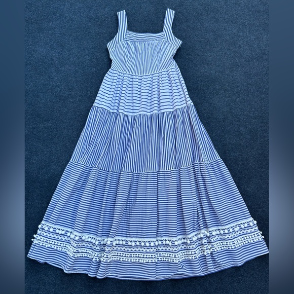 Ck Bradley Dresses & Skirts - CK Bradley Blue White Striped Tiered Maxi Dress
Pockets Pompoms Medium flaw